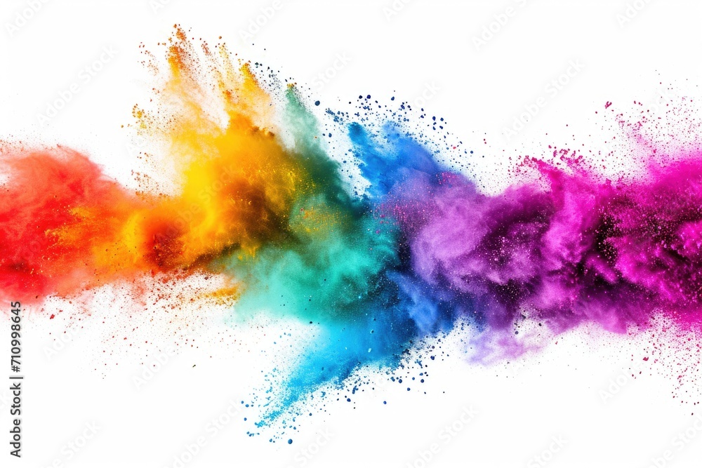 Poster colorful powder particles are captured mid-air against a clean white background. this vibrant image 