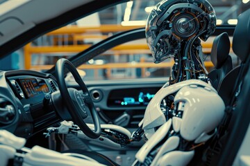 Fototapeta premium A robot is seated in the driver's seat of a car. This image can be used to depict advanced technology or autonomous vehicles