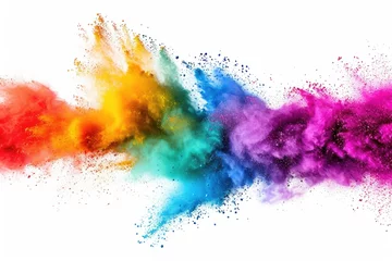 Deurstickers Colorful powder particles are captured mid-air against a clean white background. This vibrant image can be used to add a burst of color and excitement to various projects © Fotograf