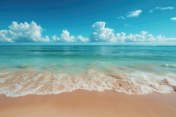 A serene image of a sandy beach with a clear blue sky and fluffy white clouds. Perfect for travel brochures or website backgrounds