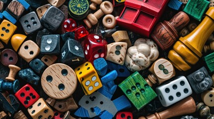 A variety of board game pieces. A background miscellaneous board game pieces - obrazy, fototapety, plakaty