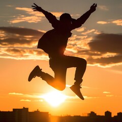 Silhouette of man jumping with cap in the sunset