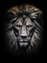 T-shirt design, a realistic graphite pencil sketch of a lion's head, in the style of hyperrealism, intricate detailing of the lion's fur and expressive eyes created with Generative Ai