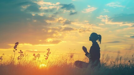 Silhouette of woman kneeling down praying for worship God at sky background. Christians pray to jesus christ for calmness. In morning people got to a quiet place and prayed. copy space - obrazy, fototapety, plakaty