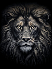 Fototapeta premium T-shirt design, a realistic graphite pencil sketch of a lion's head, in the style of hyperrealism, intricate detailing of the lion's fur and expressive eyes created with Generative Ai