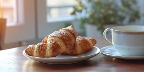 A plate of delicious croissants is placed next to a steaming cup of coffee. This image is perfect for showcasing a cozy breakfast scene or for illustrating the concept of a morning routine