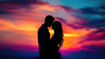 silhouette Romantic couple lovers hug and kiss at colorful sunset on background .love concept