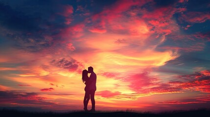Fototapeta na wymiar silhouette Romantic couple lovers hug and kiss at colorful sunset on background .love concept