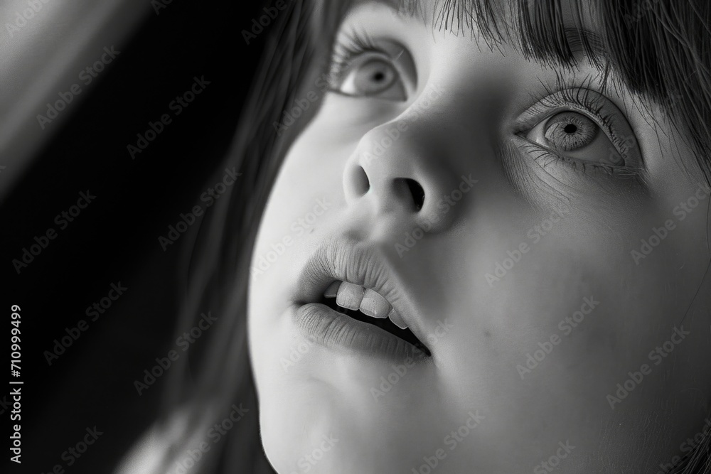 Poster a close-up view of a child's face as they look upwards. this image can be used to depict curiosity, 