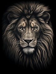 Naklejka premium T-shirt design, a realistic graphite pencil sketch of a lion's head, in the style of hyperrealism, intricate detailing of the lion's fur and expressive eyes created with Generative Ai
