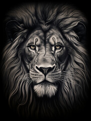 Naklejka premium T-shirt design, a realistic graphite pencil sketch of a lion's head, in the style of hyperrealism, intricate detailing of the lion's fur and expressive eyes created with Generative Ai