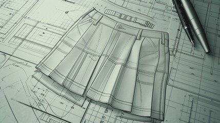 A drawing of a skirt with a pen on top. Can be used for fashion design or art-related projects