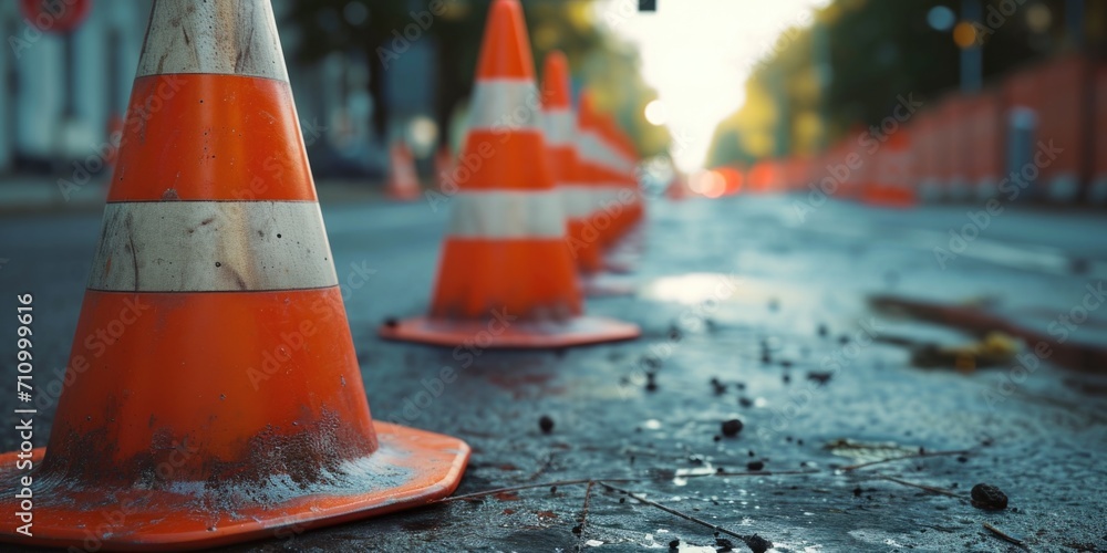 Poster a cluster of traffic cones placed on the side of a road. ideal for illustrating road construction or