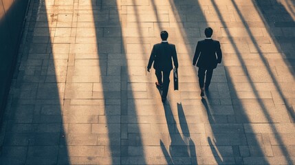 top aerial view of back two businessmen walk and hold briefcase in work time at pedestrian. with lighting and shadow.
