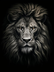 Fototapeta premium T-shirt design, a realistic graphite pencil sketch of a lion's head, in the style of hyperrealism, intricate detailing of the lion's fur and expressive eyes created with Generative Ai