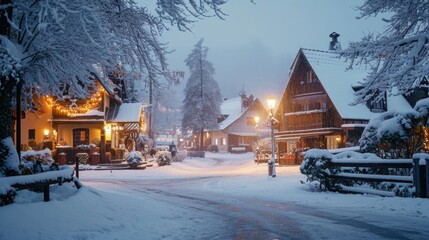 Fototapeta premium A picturesque snowy street in a small town at night. Perfect for winter-themed designs and holiday promotions