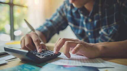 Asian man is using a calculator to calculate his family's monthly miscellaneous expenses at his home - obrazy, fototapety, plakaty
