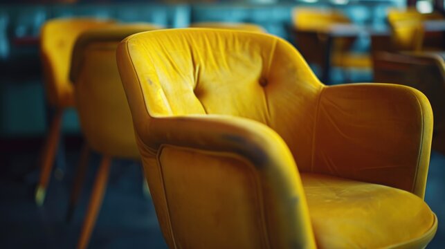 A detailed close-up shot of a yellow chair in a restaurant. This image can be used to showcase the interior design and seating arrangements of a restaurant