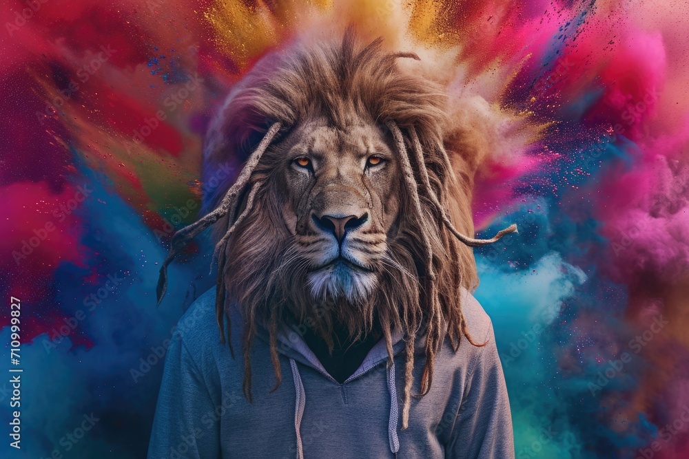 Poster A unique image of a lion with dreadlocks wearing a hoodie. Perfect for creative projects and urban-themed designs