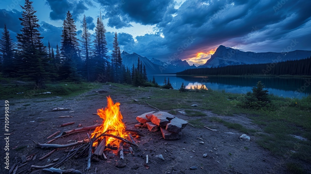 Wall mural bonfire in campsite in banff national park - alberta, canada