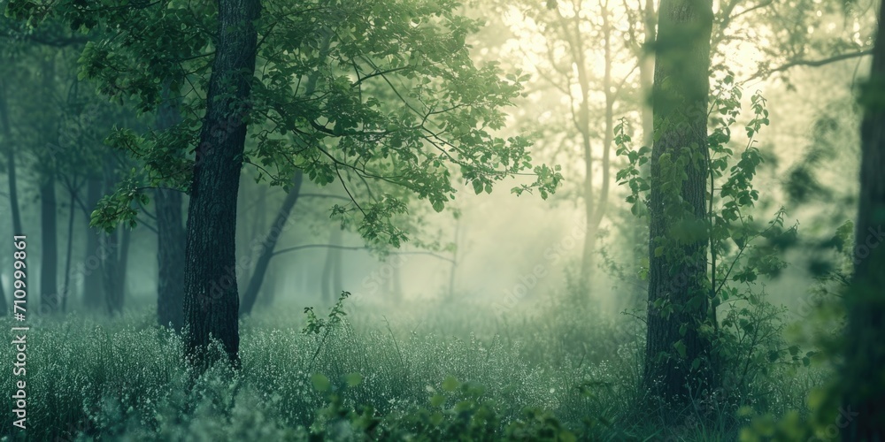 Poster a picturesque forest scene with an abundance of green trees. this image can be used to depict nature