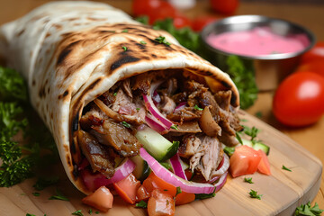Shawarma, a Middle Eastern street food sensation, features succulent layers of marinated meat, typically lamb, chicken, or beef, slow-roasted on a vertical spit, and then expertly sliced