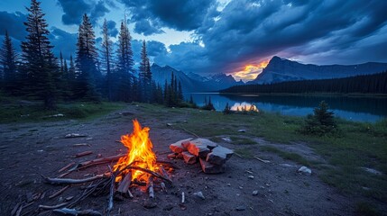 Bonfire in campsite in Banff National Park - Alberta, Canada - obrazy, fototapety, plakaty