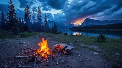 Fotobehang Bonfire in campsite in Banff National Park - Alberta, Canada © Orxan
