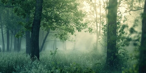 A picturesque forest scene with an abundance of green trees. This image can be used to depict nature, tranquility, or the beauty of the outdoors
