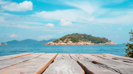 Fototapeta premium Wooden table on the background of the sea, island, king of the forest and blue sky. Display. Wooden exhibition. Forest, snow, sea, sun. high quality photo.