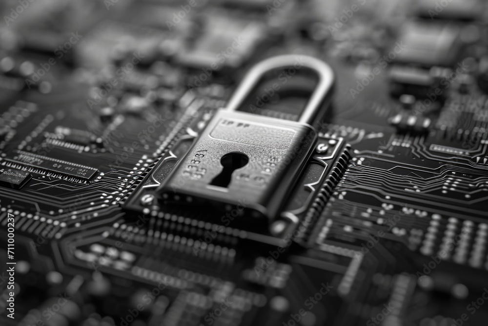 Aufkleber A padlock is placed on top of a circuit board, symbolizing security and protection. This image can be used to represent data security, cybersecurity, or safeguarding sensitive information