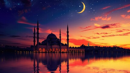 Naklejka premium Mosque sunset sky, moon, holy night, islamic night and silhouette mosque, islamic wallpaper