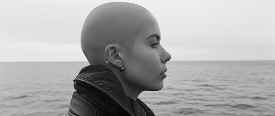 A woman with a shaved head and ear piercings. This image can be used to showcase individuality and alternative beauty