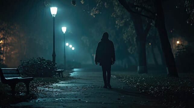 Sad man alone walking along the alley in night foggy park. Back view
