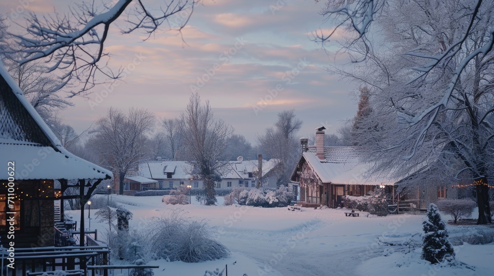Poster snow covered street with a house and trees in the background. suitable for winter-themed projects an