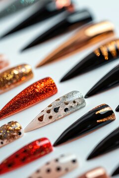 A close-up view of a variety of different colored nails. This image can be used for beauty and fashion-related projects