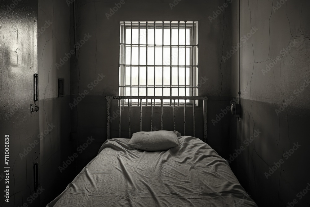 Aufkleber a picture of a bed in a jail cell with a pillow on it. suitable for illustrating prison conditions a
