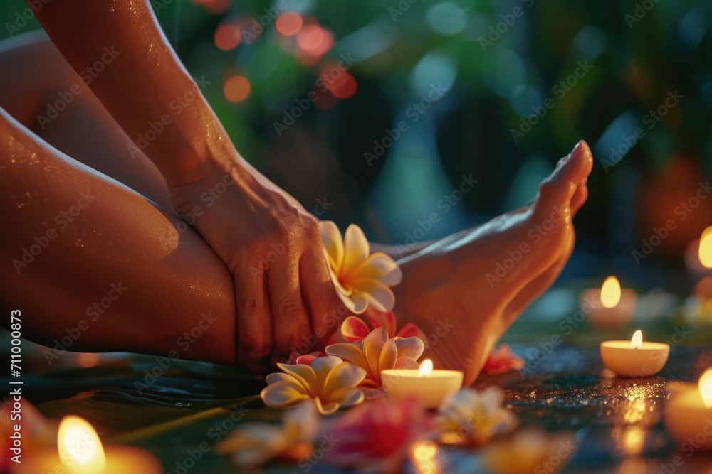 Poster A person sitting at a table with candles and flowers. This image can be used for various occasions and settings