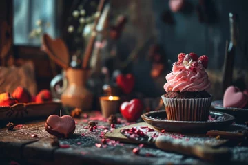 Fotobehang St. Valentines day cupcake and candy with red and pink heart © Yulia Furman