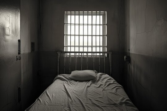 A picture of a bed in a jail cell with a pillow on it. Suitable for illustrating prison conditions and confinement.