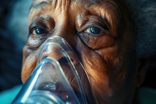 An Elderly Woman Wearing An Oxygen Mask. Suitable For Healthcare Or Medical Concepts