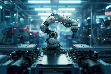 A robot standing on a conveyor belt. Can be used to illustrate automation, robotics, or manufacturing processes