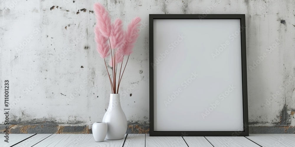 Poster a white vase filled with pink flowers sits next to a picture frame. perfect for adding a touch of el