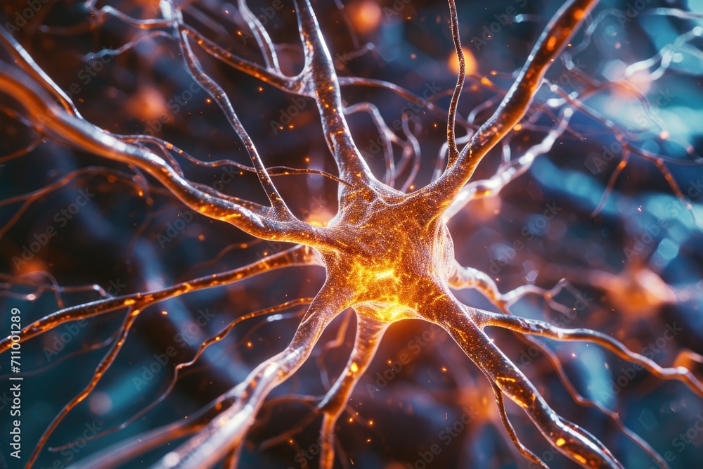 Poster a detailed close up view of a neuron cell. this image can be used for educational purposes or in sci
