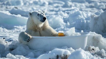 polar bear takes a cold bath with a glass of beer amidst melting glaciers, an environmental issue with global warming