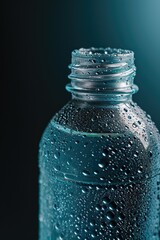 A close-up image of a water bottle with water droplets on its surface. Suitable for use in advertising, hydration campaigns, and health-related projects