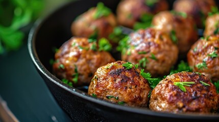A pan filled with delicious meatballs covered in fresh parsley. Perfect for a hearty meal or as a flavorful addition to pasta dishes - obrazy, fototapety, plakaty