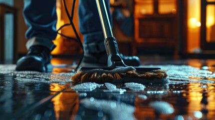 A person is seen cleaning a floor with a mop. This image can be used to depict cleanliness and maintenance in various settings