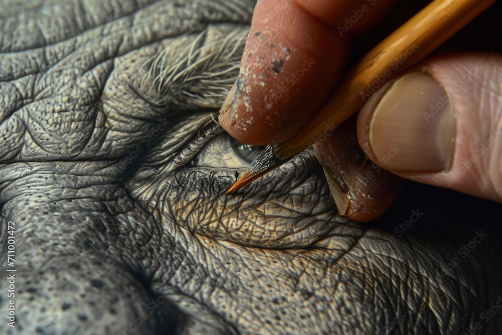 Poster a close-up view of a person holding a pencil over an elephant's eye. this image can be used to repre