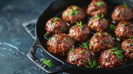 A skillet filled with meatballs covered in sauce. Perfect for Italian recipes or comfort food dishes - obrazy, fototapety, plakaty